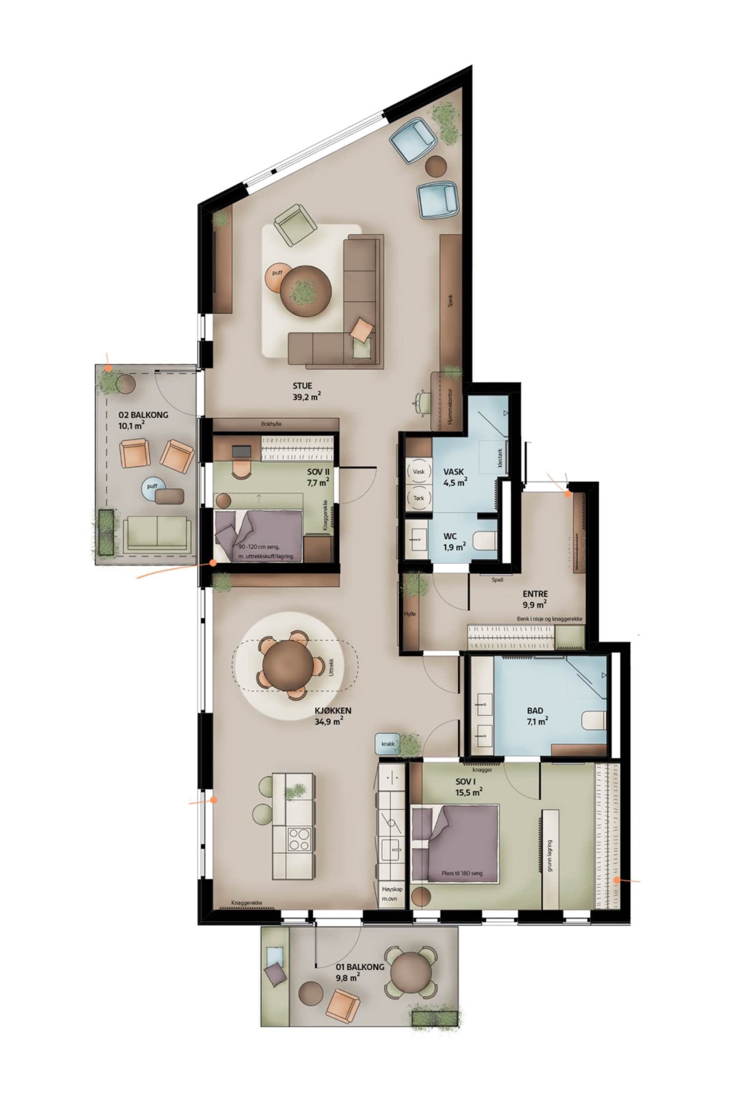 Leilighet 701 – 126 m² BRA-i – kr. 11 800 000,–. Pris pr. parkeringsplass: kr. 390 000,–